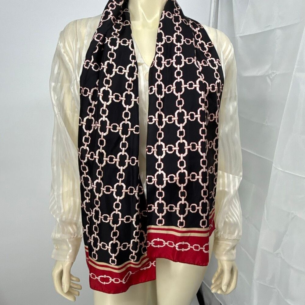 Old Money Equestrian Chain Print Scarf Black Red Satin‎ Oblong 59” Quiet Luxury